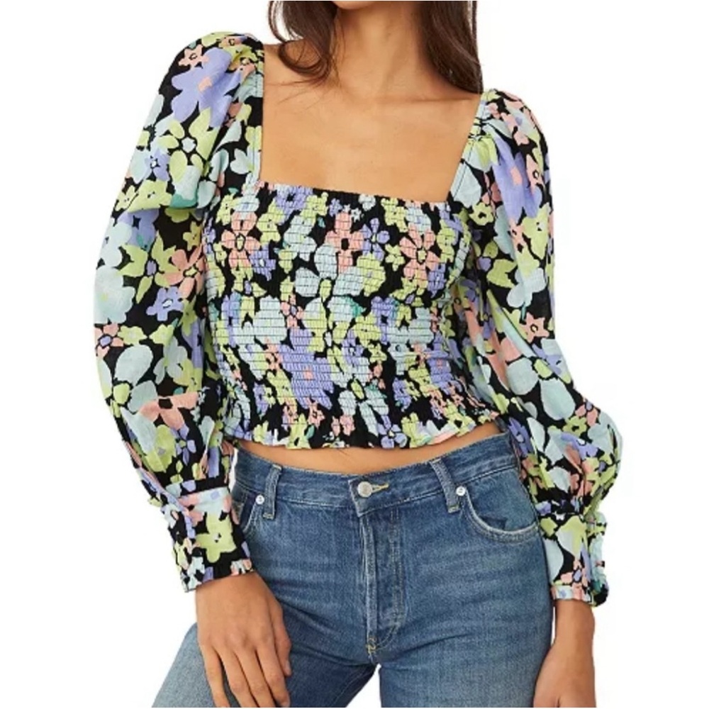 Free People Floral Smocked Blouse - Black, Blue, Green, Pink